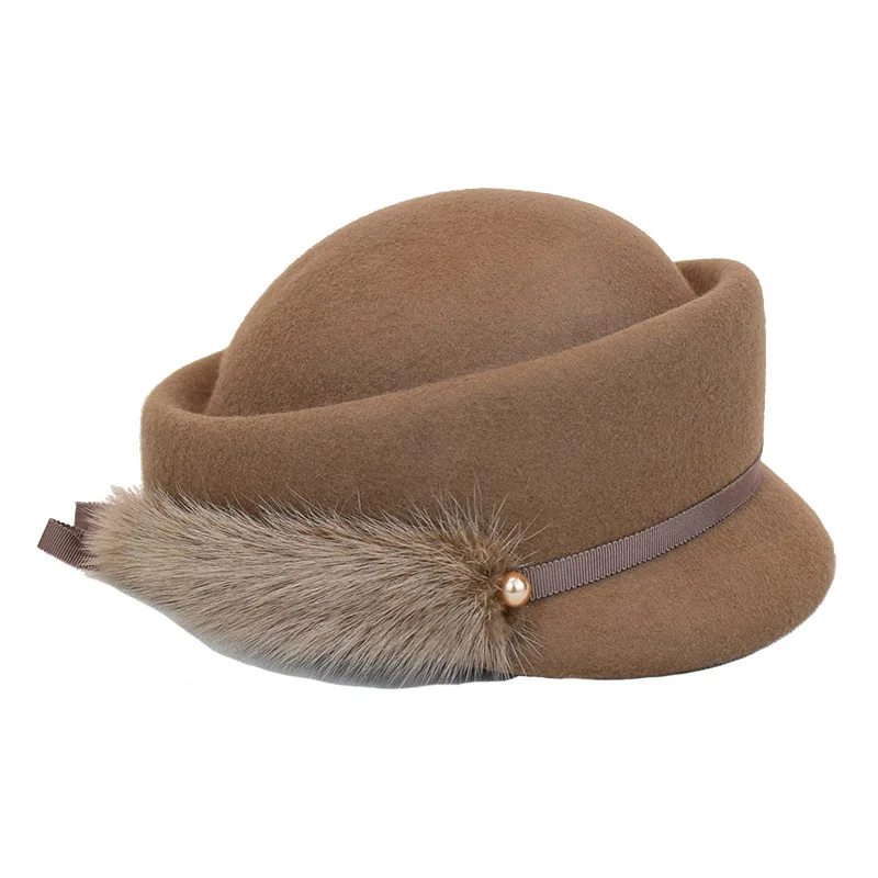 High-end temperament true mink tail dome short eaves basin hat women autumn and winter party hat Beret fashion street photo hat