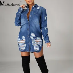 Sexy Hole Ripped Denim Jackets For Women 2021 Long Sleeve Casual Jean Jacket Single Breasted Vintage Loose Denim Coat Streetwear