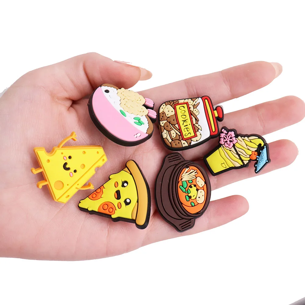 1PCS PVC Shoe Charms Kawaii Food Cheese Drink Soup Pizza Donut Burger Coffee Rice Cake Sushi Cookies Sandals Shoes Decoration