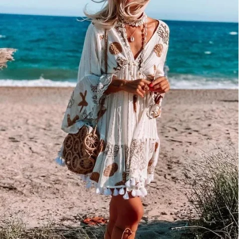 Vestido corto playero De manga larga con cuello De pico, minivestido Sexy para mujer, con borlas, para playa