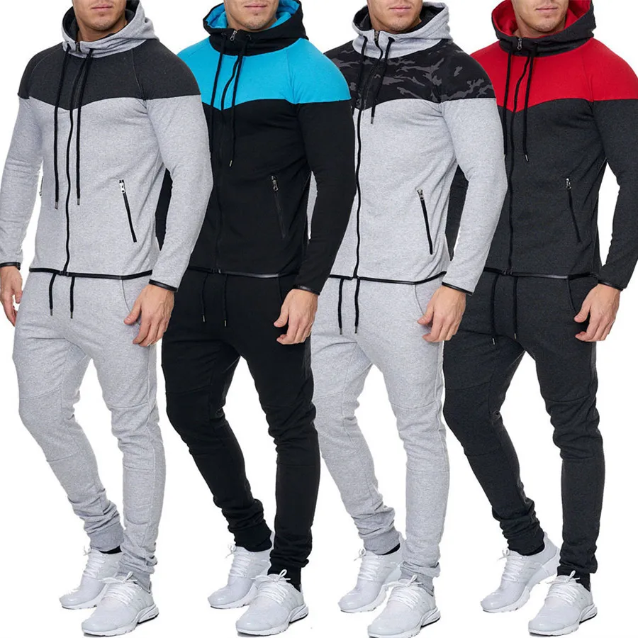 

Men's Sportswear Tracksuits 2 Pieces Outwear Sport suit Male Survetement Sport Suit Fashion Color Block Hooded Sportswear Sweats