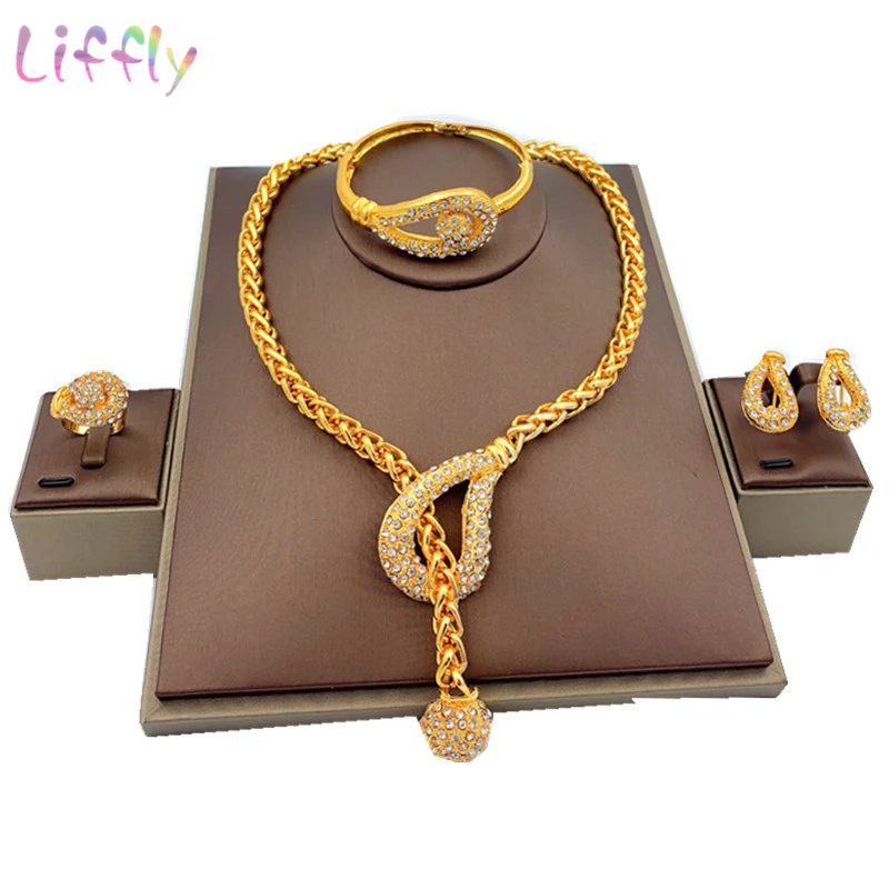 

Liffly Luxury Dubai Gold Jewelry Sets For Women Wedding African Beads Necklace Earrings Bracelet Ring Indian Bridal Jewelry Set