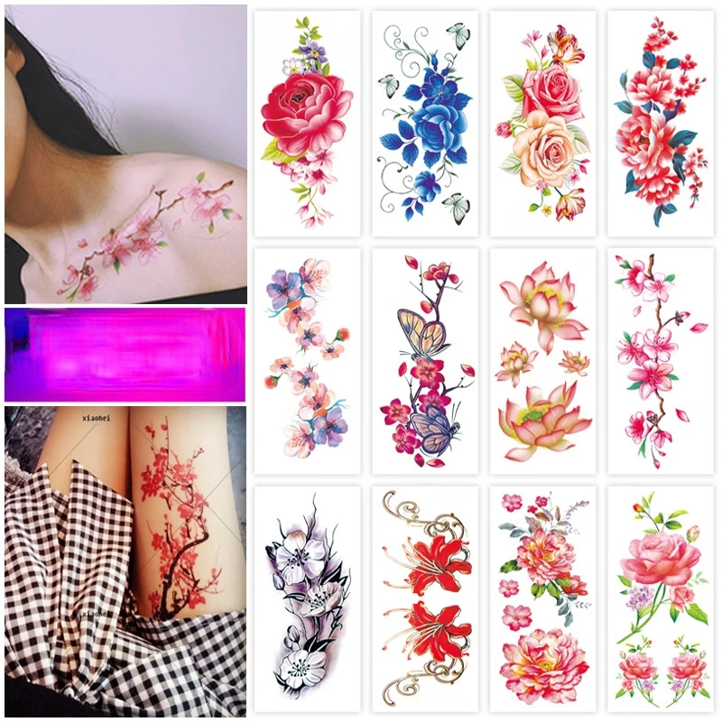 

Waterproof Temporary Tattoo Stickers Lady Flower Rose Peony Plum Blossom Tatto Stickers Tatoo Fake Tattoo for Woman Body Art