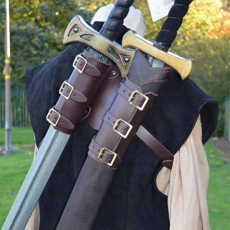 Espada doble de caballero Medieval, vaina Vintage, soporte de rana, correa de hombro de cuero, Kit de disfraz de arma, accesorios para hombres