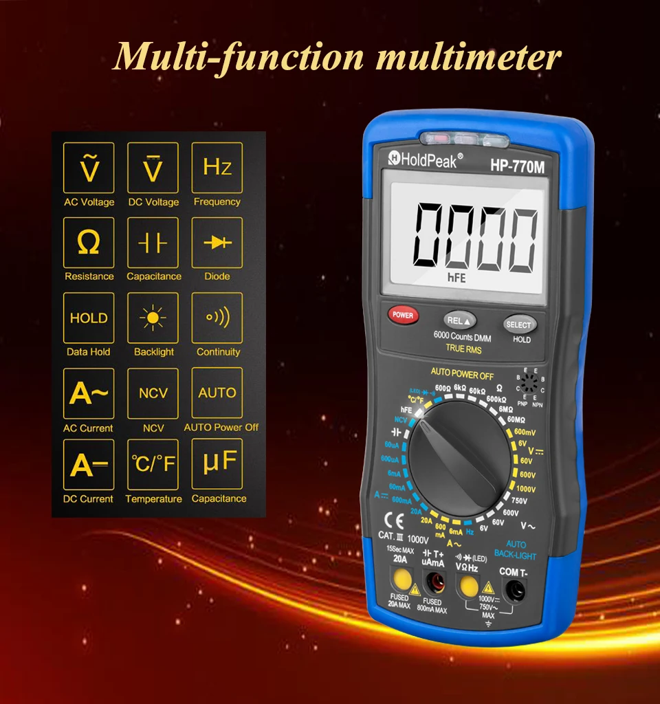 HoldPeak Digital Multimeter HP-770M Auto Range RMS Detector AC/DC Ammeter Voltmeter Ohm NCV HFE Transistor Tester multimetro