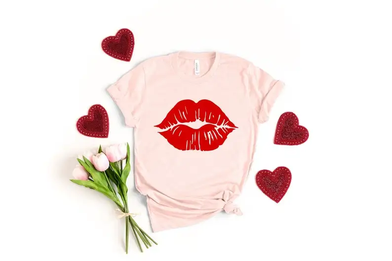 

Valentines Day Lips Kiss Cute Valentine Cute tee, Love Fashion Casual Cotton Round Neck Female Shirt Short Sleeve Top Tees y2k