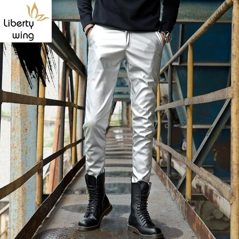 

Spring Summer New Mens Slim Fit Faux Pencil Pants Korean Moto Biker Soft Stretch Full Length Male PU Leather Trousers