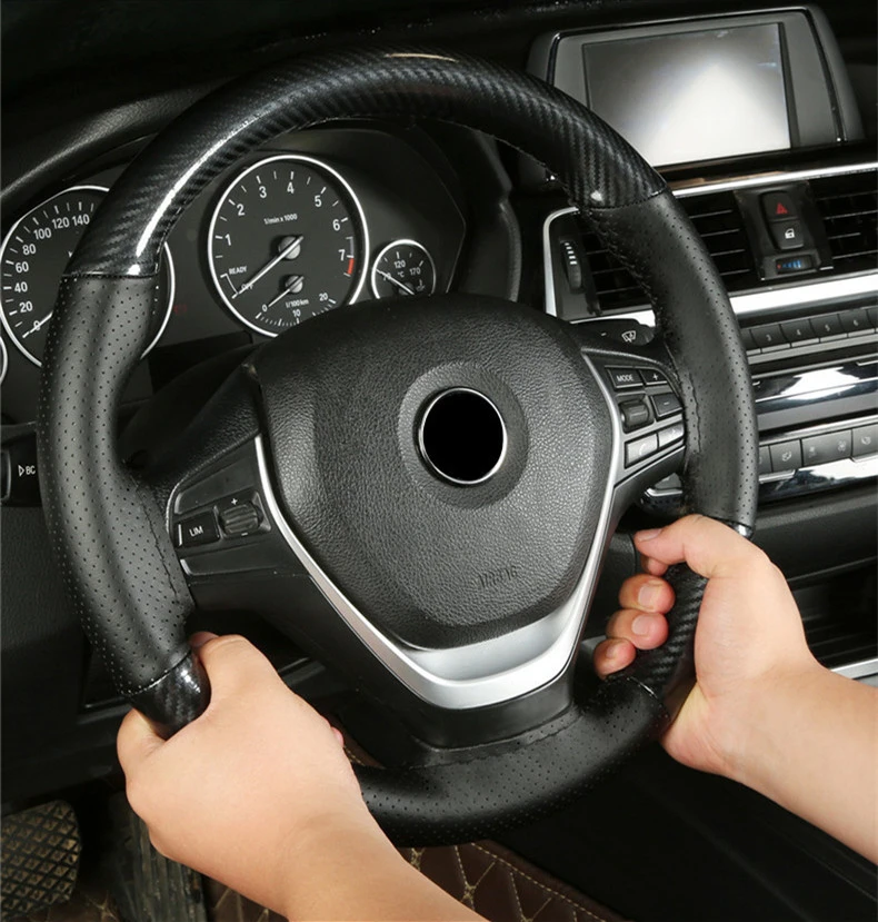 

Universal Car Steering Wheel Cover Trim Black Carbon Fiber & Leather DIY Sewing