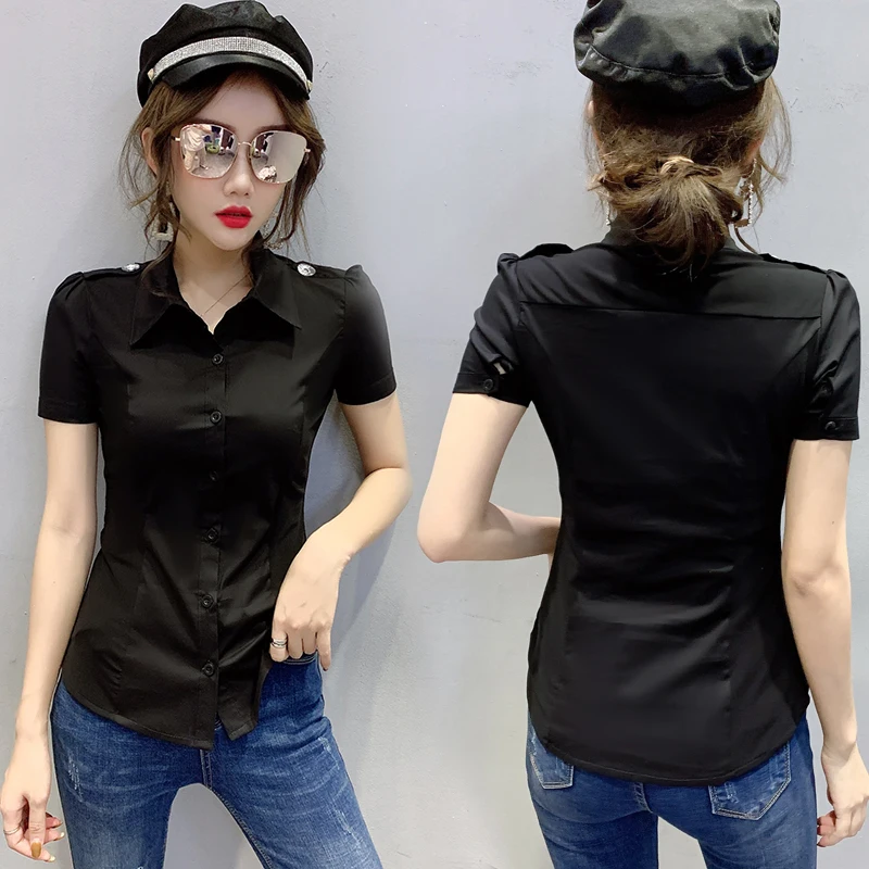 Summer European Clothes Blouse Fashion OL Shoulder Board Sexy Shiny Diamonds With Tie Button Cardigan Tops Shirt 2022 T15006A