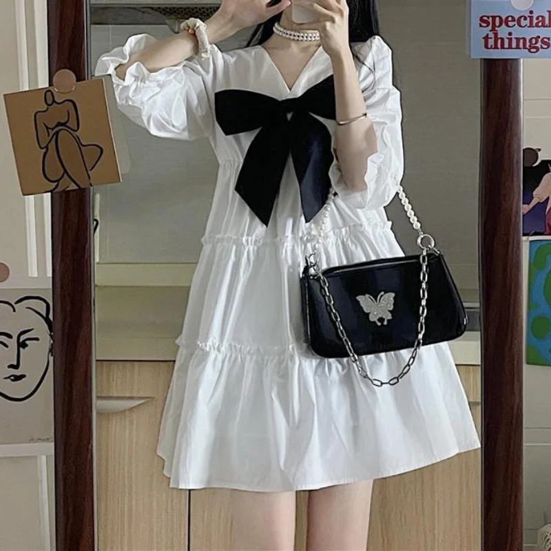 HOUZHOU White Dress Women Kawaii Bow Mini Dresses Summer Preppy Style Cute Harajuku Vintage Outfits Oversize Streetwear