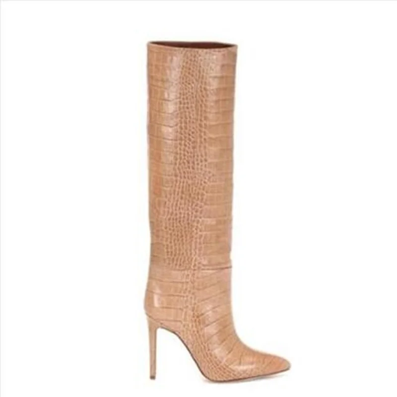 Sexy Crocodile Leather Knee High Boots Pointed Toe Stiletto Heel Tight High Boots Runway High Heel Dress Shoes Orange Red Pink
