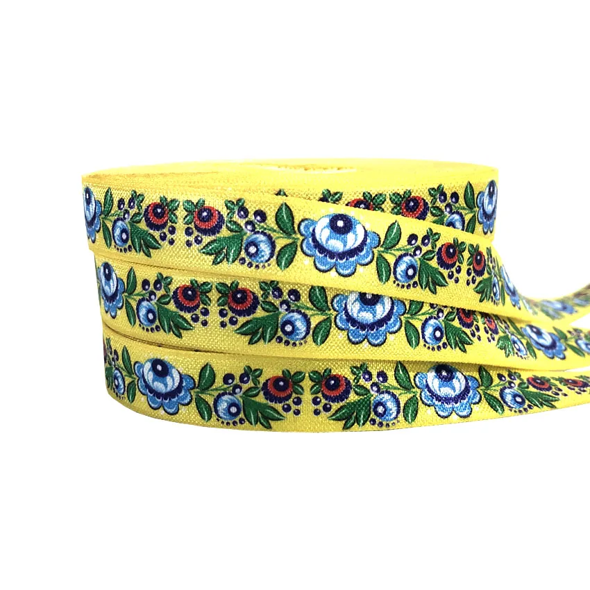 16mm Flowers Leaf Print Fold over Elastic Tape for Handmade Craft DIY Headband Ponytail Hair Ties Accessories