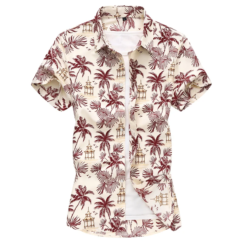 Summer New White Short Sleeve Printed Shirt Men Single Breasted Lapel Hawaiian Beach Shirts Large Size S-4XL 5XL Men Camisa