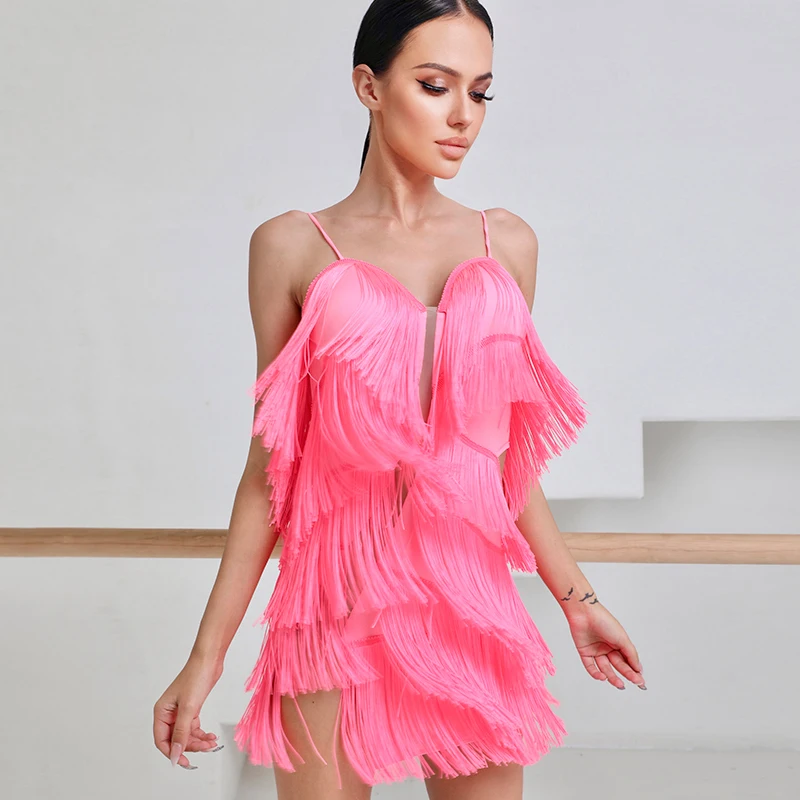 ZYM Women Latin Dance Dress Sexy Sleeveless Fringed Dress Latin Performance Dance Clothes Latin Dance Competition Dresses SL4106