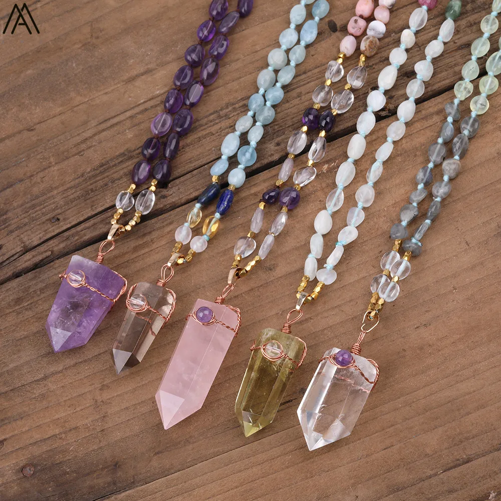 6-8mm Natural Quartz Crystal Point Pendant Natural Stone Beads Handmade Knot Necklace Multi Layer Necklace Long 32 Inch FR-221AM