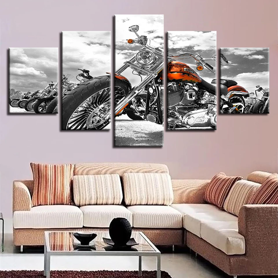 

5Pcs Black White Motorcycle Modular Posters Oil Paintings Wall Art Canvas HD Printed Pictures For Living Room Modern Home Decor