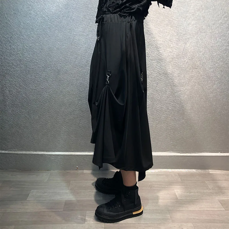 Men's new deep black Yamamoto style loose asymmetrical hem design hip hop street loose casual large skirt