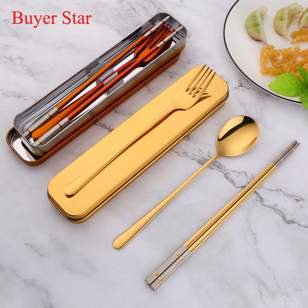 Portable Reusable Stainless Steel Spoon Fork Travel Picnic Chopsticks Tableware Cutlery Set With Carrying Box For Student Office