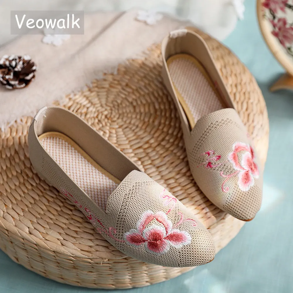 Veowalk Handmade Cotton Knitted Women Pointed Toe Flat Shoes Slip-on Breathable Comfortable Flats Ladies Loafers Driving Shoes