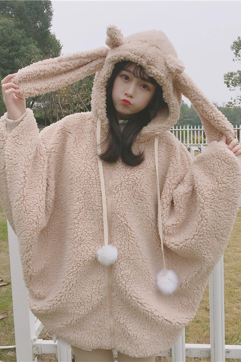 Holding your clothes corner autumn and winter 2019 new Japanese soft girl cute rabbit ears hooded plush thick coat women