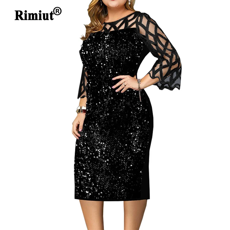 S-5XL de talla grande con lentejuelas para mujer, vestidos de otoño con manga de encaje brillante, ropa informal Sexy para mamá, cuello redondo