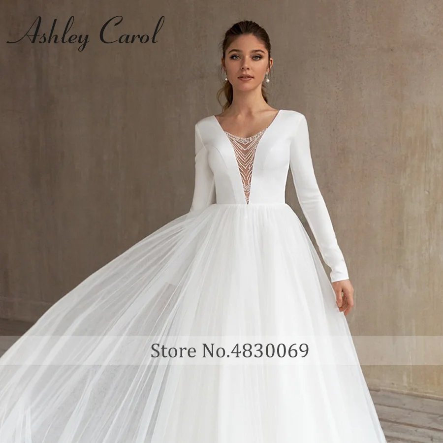 أشلي كارول وصول جديد الخامس الرقبة العروس الساتان كم طويل الأميرة ذيل شابيل ثوب الزفاف Vestidos De Novia