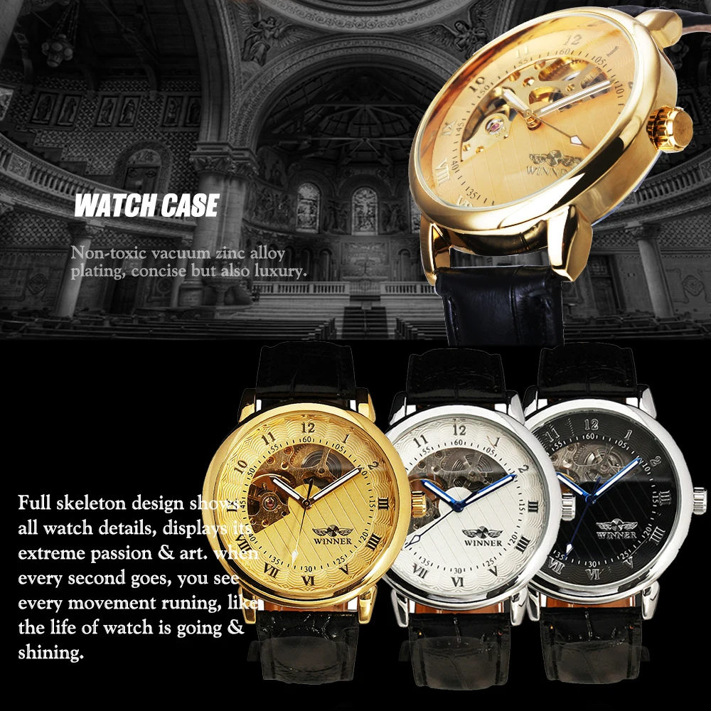 Men Mechanical Watches Top Brand Luxury Gold Watches Men Fashion Skeleton Watch Leather Strap Mechanical Hand Wind Watch reloj