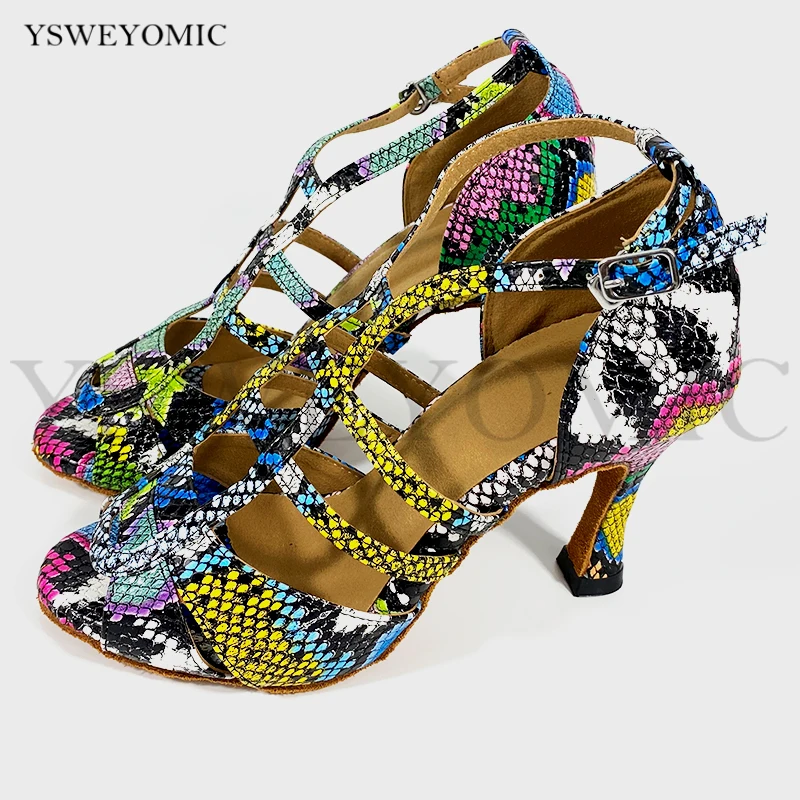 Sexy Women Latin Ballroom Dance Shoes African Style Shiny Colorful Snake Pattern Soft Leather Zapatos de baile latino in 9cm