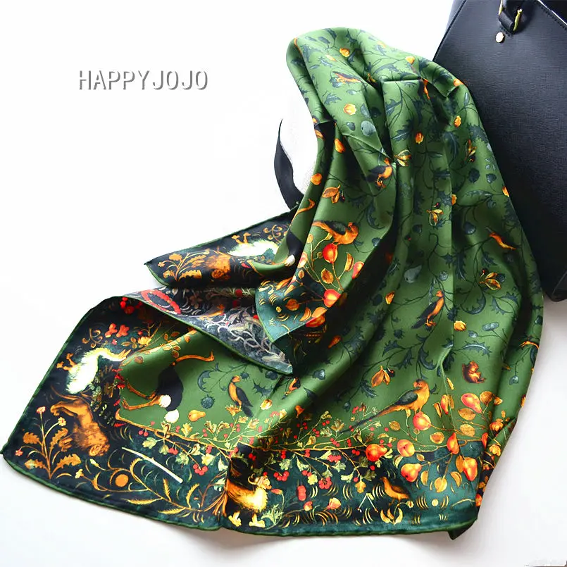 Lenço de seda de luxo verde militar feminino impresso pássaro 100% lenços de sarja de seda real envoltório foulard xale 90cm quadrado bandana senhora presente