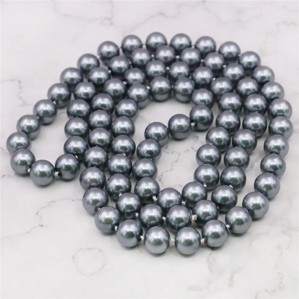 8 10 12mm Round Silvercolor Gray Long Pearl Shell Necklace Women Hand Made Jewelry Making Accessory Gifts For Mothers 36inch