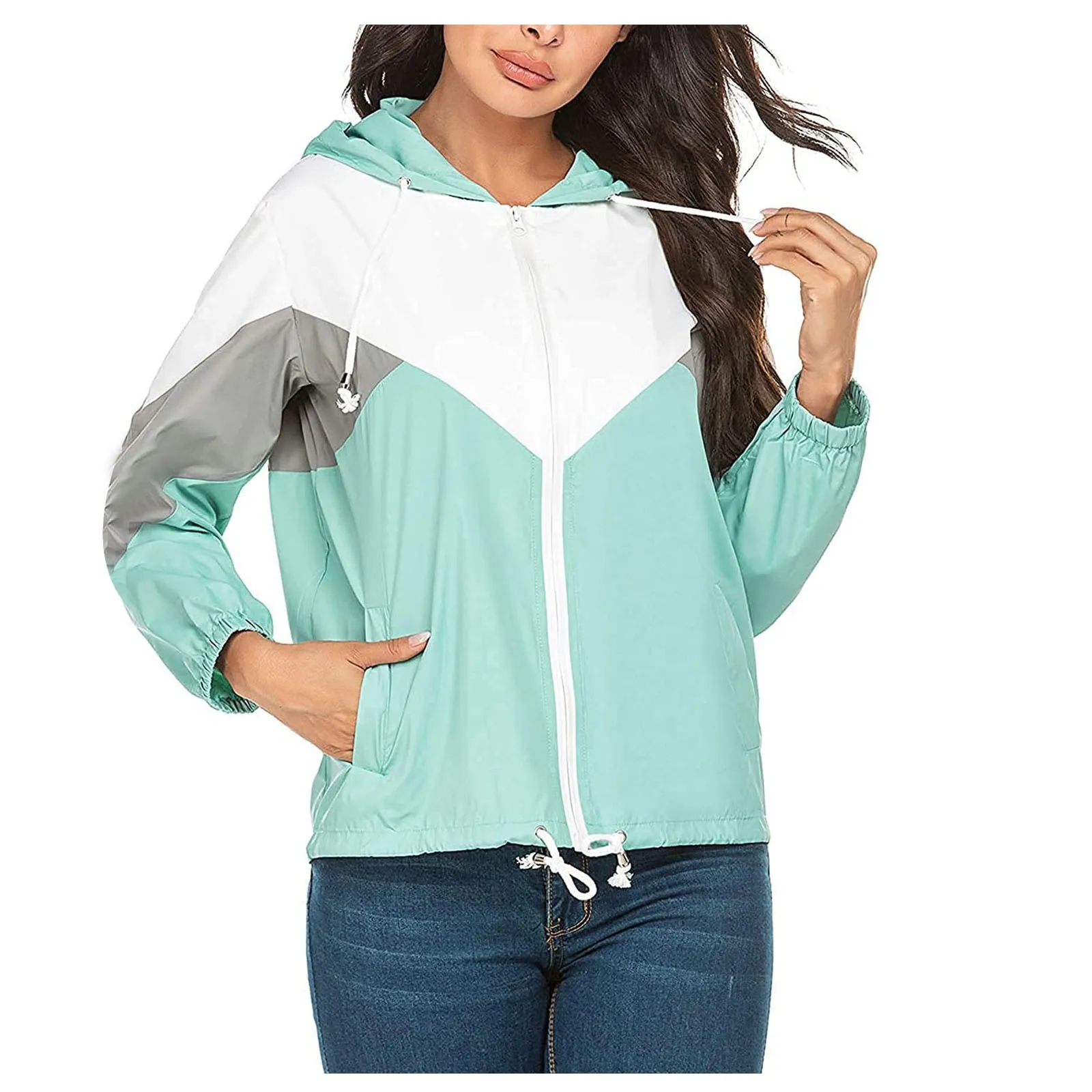 Jackets Women Long Sleeve Patchwork Thin Lightweight Windbreaker Hooded Zipper Pockets Sport Coats Autumn Jacket куртка женская