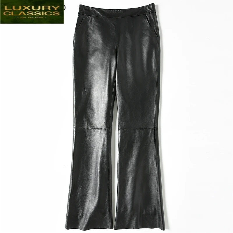 

Size Genuine Leather Plus Pants Women Spring Clothes Flare Pant Real Sheepskin Black Trousers Elegant Ladies 2021 LWL1609