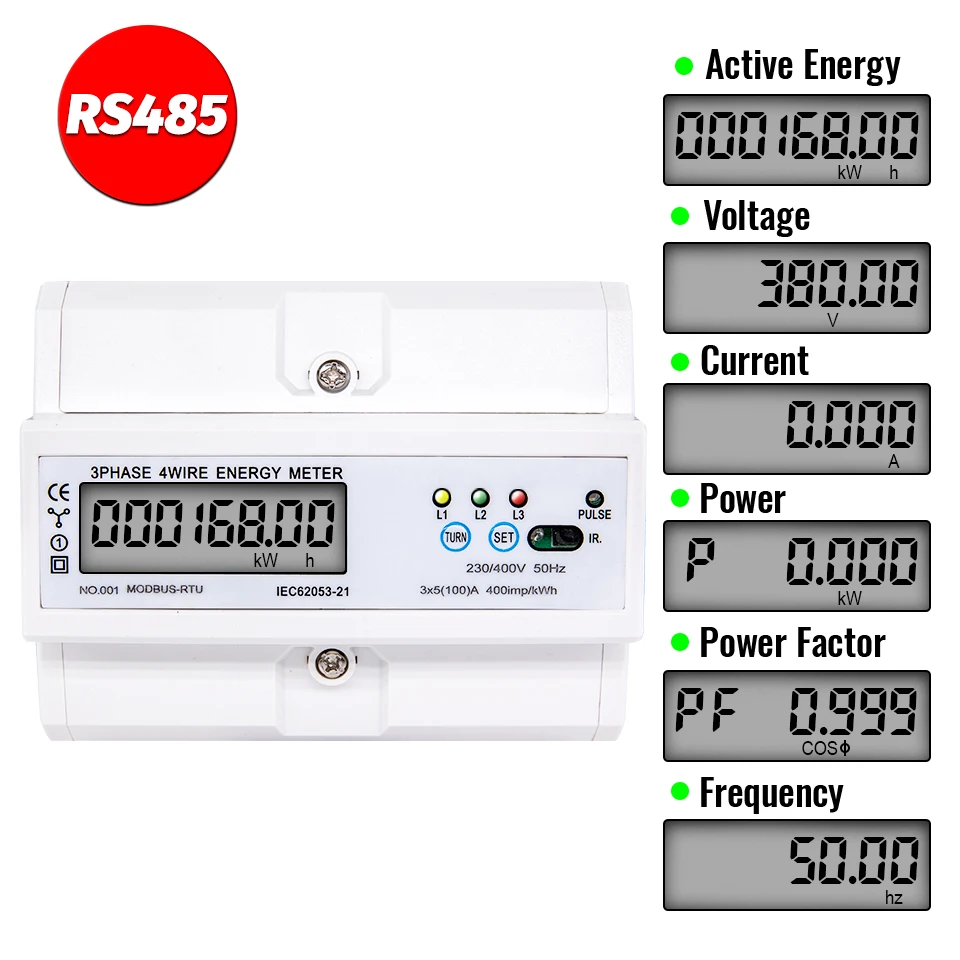 RS485 Din Rail Electric Three Phase Energy Meter Power Consumption kWh Voltage Current Wattmeter Monitor Modbus RTU 380V 400V