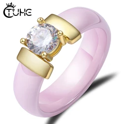 New Pink Black White Ceramic Rings for Female With Big CZ Crysal 6MM Width Never Fade Healthy Women Rings Christmas Gift