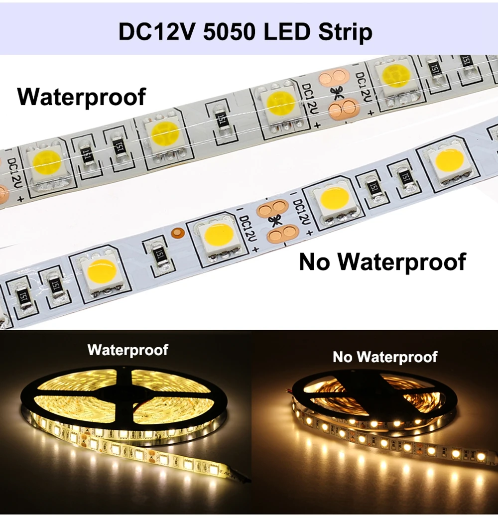 1M 2M 3M  5M 5050 LED Strip Light 60LED/Meter Input 12V Safe Tape BSOD DIY White Red Blue Green RGB Flexible Led Line 3M Sticker