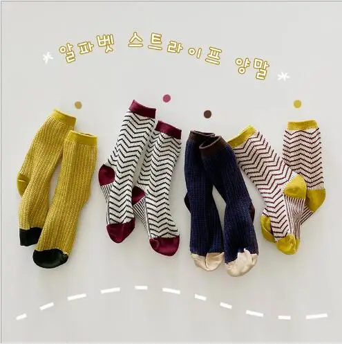 

Tukla Babe 4 Pairs 1-8 Year 2021 autumn striped wavy baby tube socks cotton double needle boys and girls socks