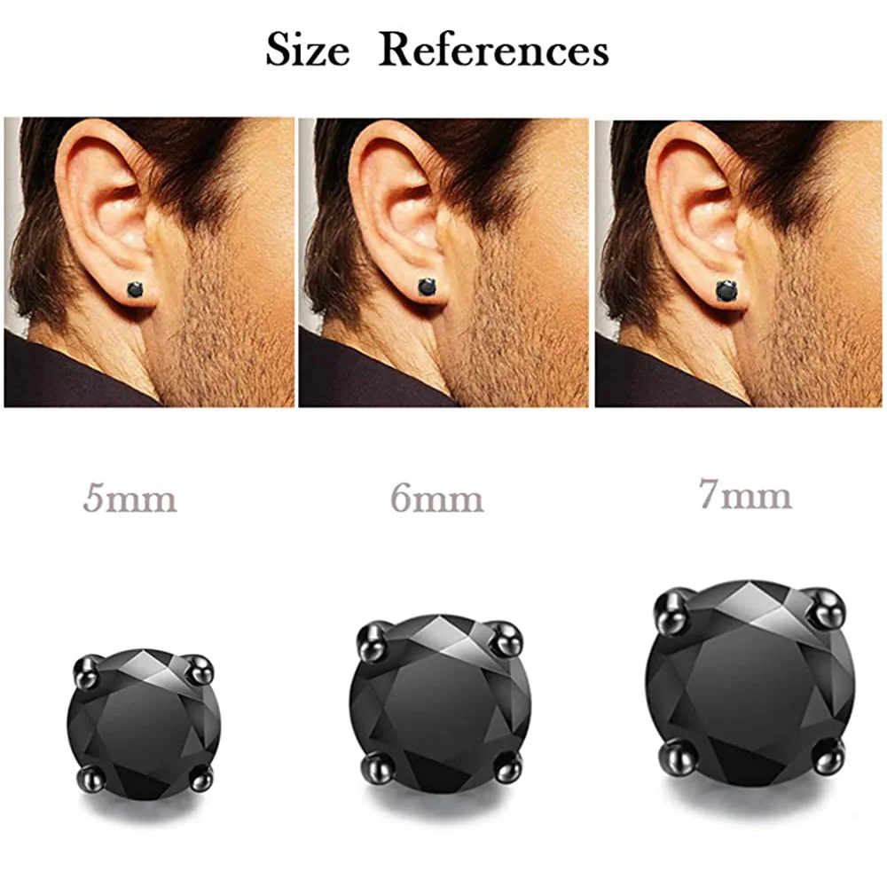 Hypoallergenic Mens Black Stud Earrings Stainless Steel Nickel Free Jewelry for Sensitive Ears Fake Onyx Single Diamond 4-8mm