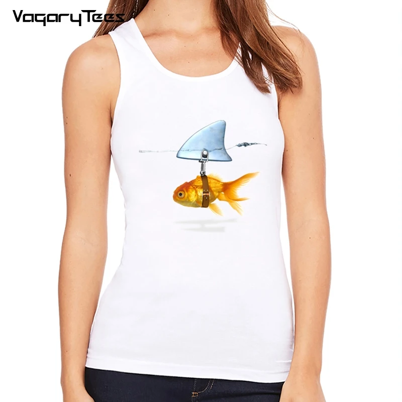 Women's Casual Tank-top Female Retro Hipster Tops Funny New design gold fish&Shark Fish Cool Printed