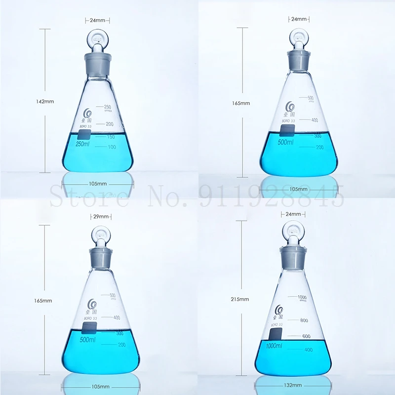 50ml to 1000ml Lab Borosilicate Glass Erlenmeyer Conical Flask with #19 #24 #29 Ground-in Ring Stopper