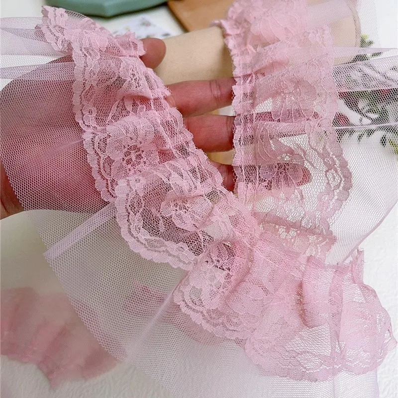 Tecido de renda de tule bordado, camada dupla, rosa, 8cm de largura, roupas femininas diy, roupas infantis, decoração de costura