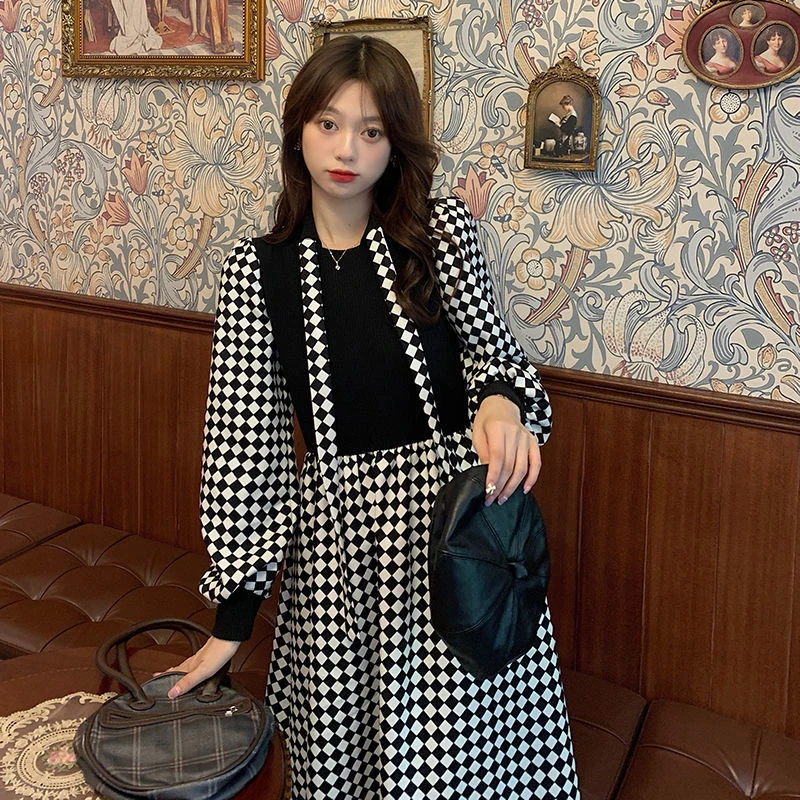 French Vintage Black White Plaid Women Dresses Spliced Fake Two Drawstring All-match Tunic Elegant Romantic Party Outfit Clothes