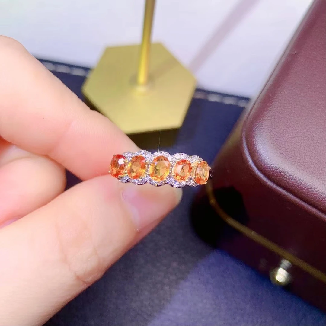 925 Pure Silver Chinese Style Natural Orange Sapphire Women's Luxury Fashion Adjustable Gem Row Ring Fine Jewelry Support Detect