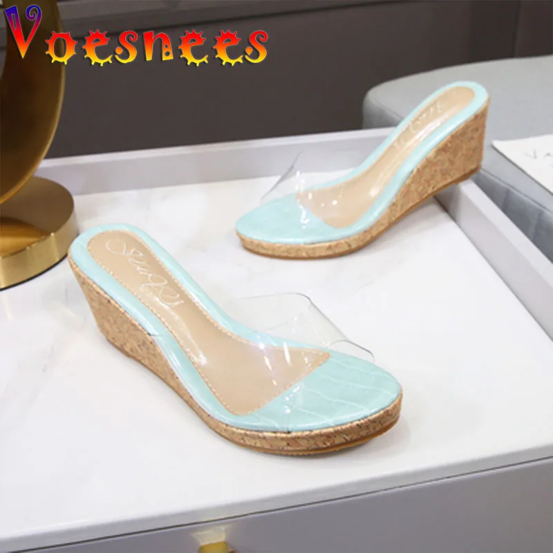 Voesnees แฟชั่น Lady สวมใส่โปร่งใส PVC รองเท้าแตะฤดูร้อนใหม่6.5ซม.รองเท้าแตะกลางแจ้งเดินสบายรองเท้าส้นสูงรองเท้า