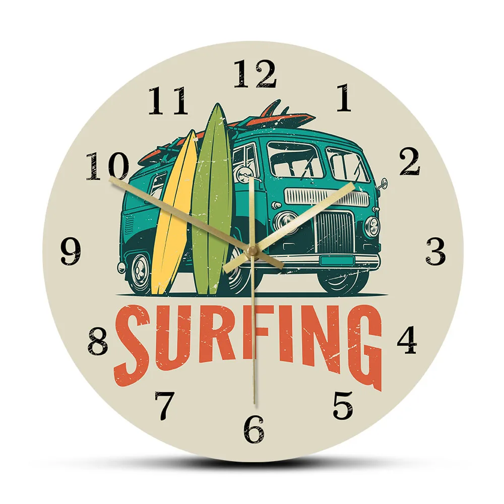 Surfing Time Vintage Car Kombi Camper Van Surfing Wall Clock Summer Travel Van And Surfboard Modern Surf Home Decor Silent Clock