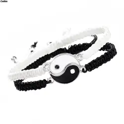 Tai Chi Yin Yang Couple Bracelets Alloy Pendant Adjustable Braid Chain Bracelet Matching Lover Bracelets Necklace Adjustable