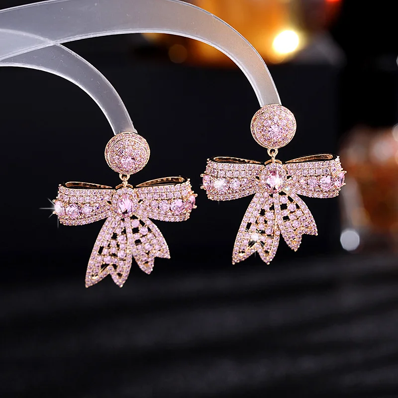 

1pair Fully-Jewelled Bowkknot Drop Earring Trendy Luxury Earrings Fashion Jewelry for Woman Party Accessory Gift