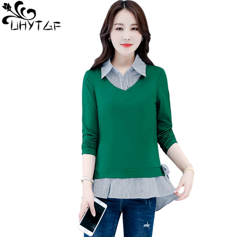 

UHYTGF Blouse Women's Long Sleeve Fake Two-Piece Spring Autumn Shirt Female Vintage Pullover Casual 3XL Big Size Clothing 1263