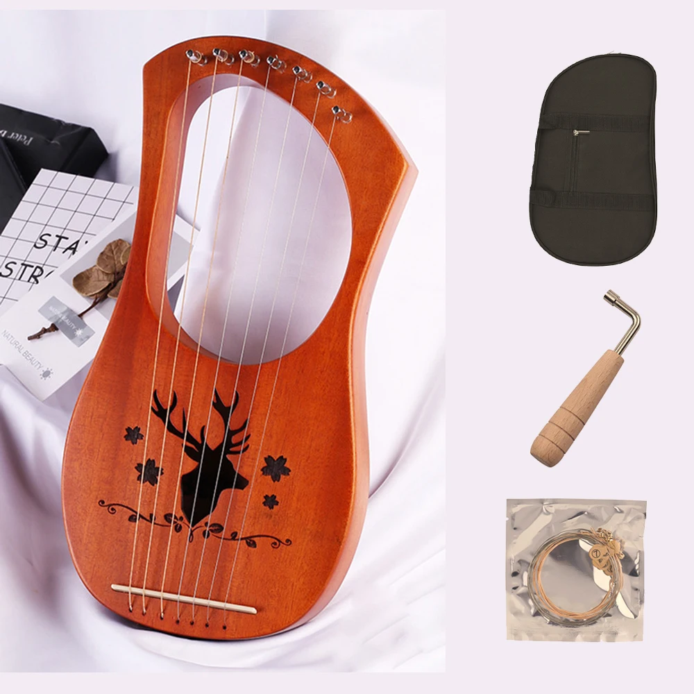 7-String Lyre Harp Metal Strings Solid Mahogany Wood String Instrument with Carry Bag and usermanual