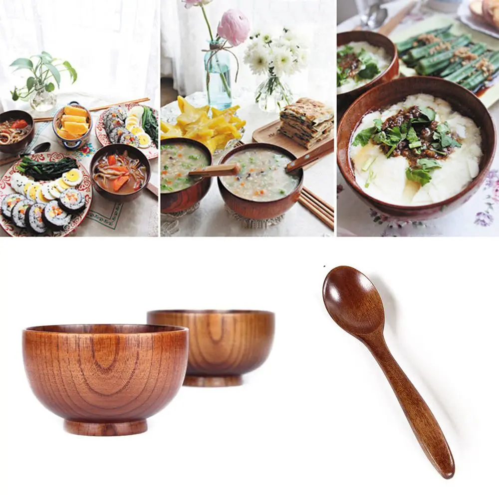 Wooden Bowl Japanese Style Soup Salad Rice Sugar Natural Coconut grinding Tableware Food Utensil Kitchen Ramen Noodles Dinner