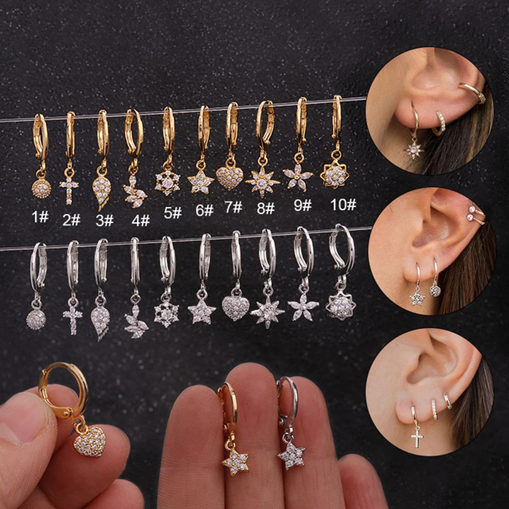 1 PCS Trendy Small Star Wing Ear Hoops Bone Cuff Earrings Cute Circles Cross Pendant Earrings Stainless Steel Hoop Ear Jewelry